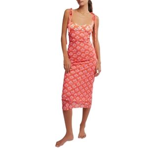 Free People Printed Got Glam Slip Coral Floral Midi Silhouette Dress